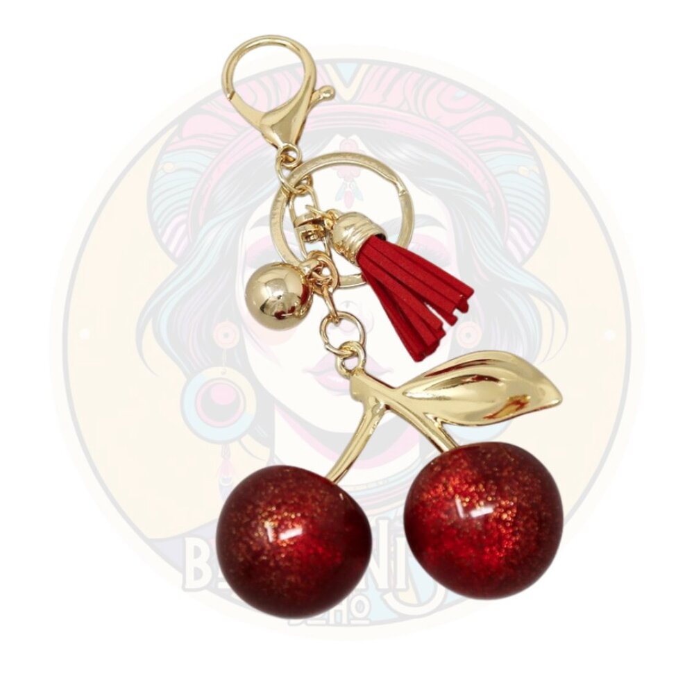 Bright Red Cherries Brass Gold Leaf Tassel Bag Charm Keychain